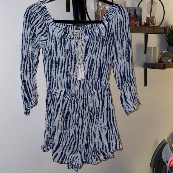 Go Coco Pants - Blue and White Tie-Dye romper with Tassel